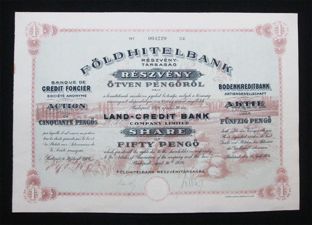Földhitelbank Részvénytársaság részvény 50 pengő 1926